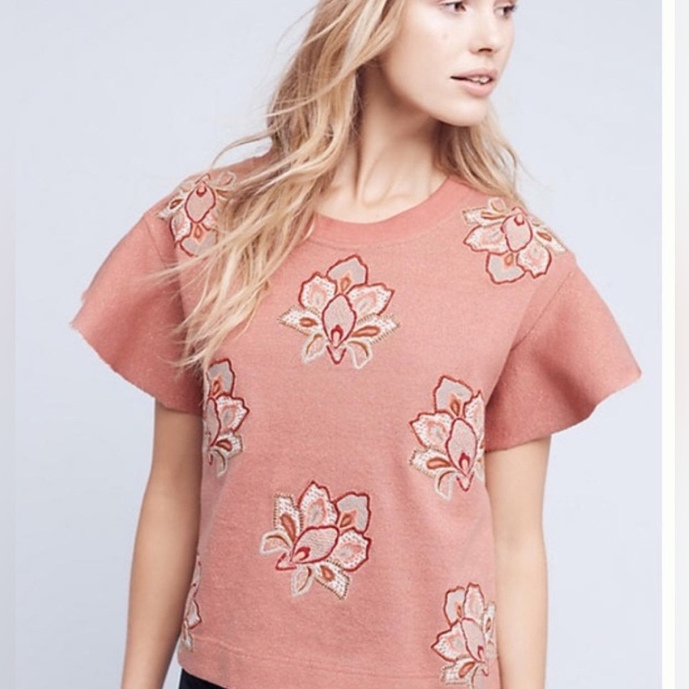 Anthropologie Pink Floral Embroidered Crop Top